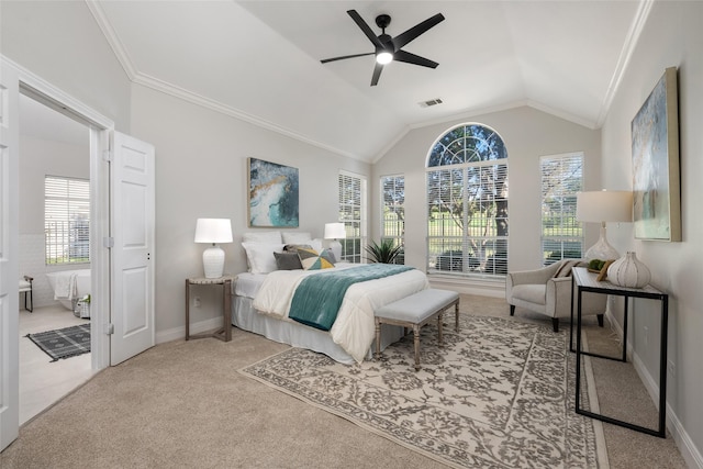 bedroom featuring carpet, crown molding, visible vents, vaulted ceiling, and baseboards