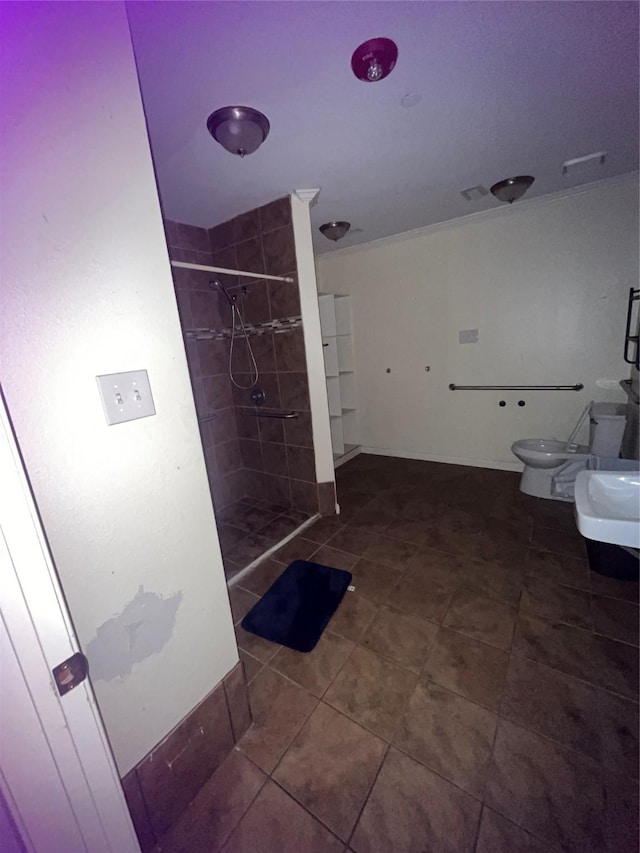 full bathroom featuring a stall shower, toilet, and tile patterned floors