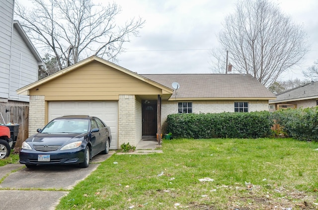 single story home featuring driveway, brick siding, a front lawn, and an attached garage