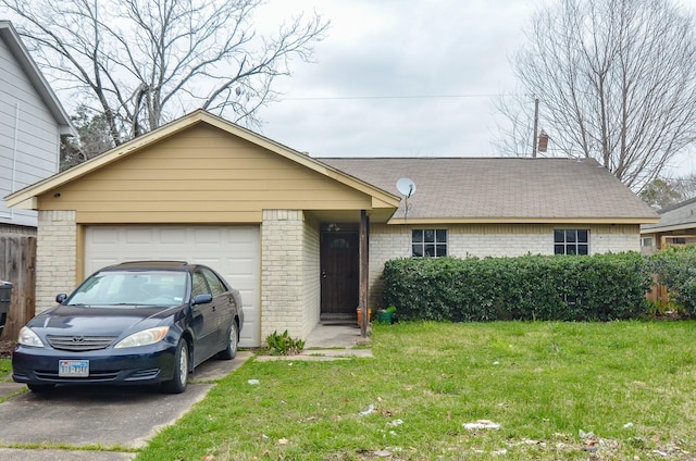 single story home featuring a garage, driveway, a front lawn, and brick siding