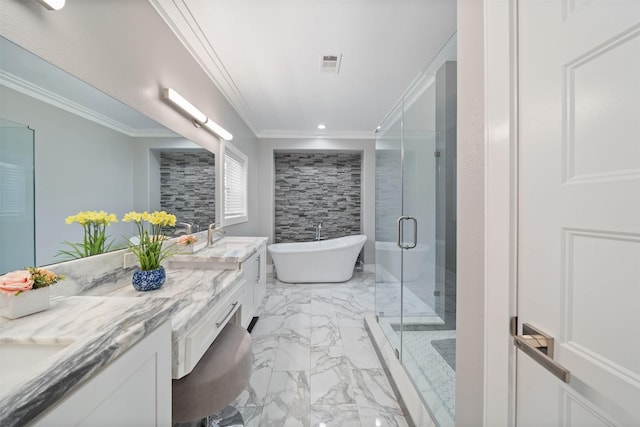 bathroom with marble finish floor, visible vents, ornamental molding, a stall shower, and vanity