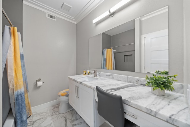 full bathroom featuring marble finish floor, crown molding, visible vents, vanity, and baseboards