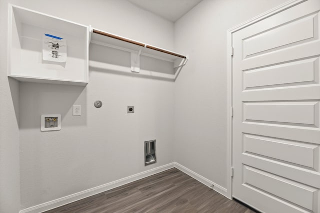 16539 Willow Forest Dr, Conroe, TX 77302 - washroom with hookup for a washing machine, dark wood-style floors, baseboards, hookup for an electric dryer, and gas dryer hookup