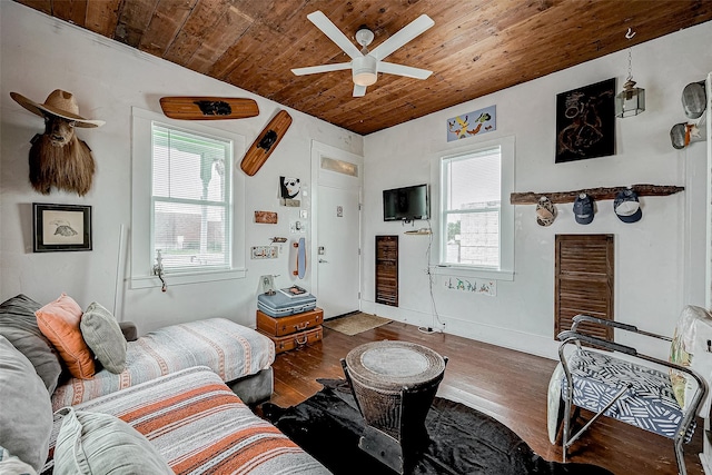 living room featuring lofted ceiling, wooden ceiling, ceiling fan, and dark wood-style floors