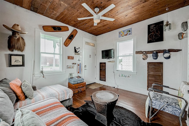 912 Broadway St, Galveston, TX 77550 - living room with vaulted ceiling, baseboards, wood ceiling, ceiling fan, and wood finished floors