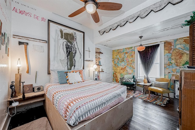 bedroom featuring ceiling fan and dark wood finished floors