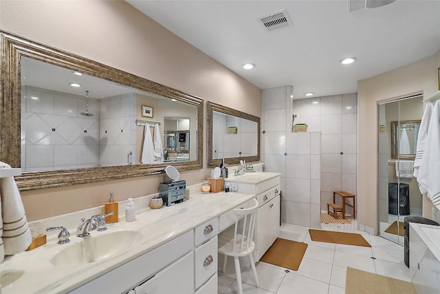 bathroom with recessed lighting, visible vents, vanity, walk in shower, and tile patterned floors