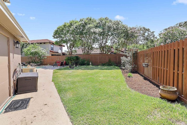 view of yard with a fenced backyard and a patio