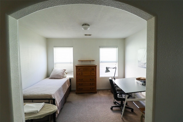 bedroom with visible vents, multiple windows, carpet, and arched walkways