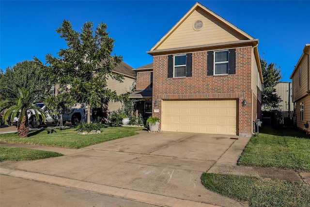 traditional home with a garage, driveway, brick siding, and a front lawn