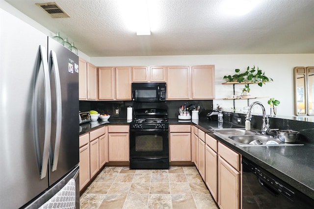 kitchen with black appliances, light brown cabinets, open shelves, and a sink