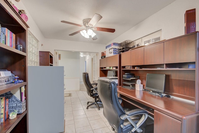 office space featuring light tile patterned flooring and a ceiling fan