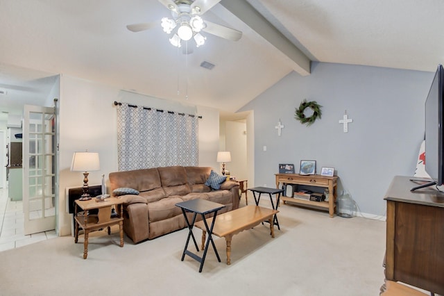 living area with light carpet, vaulted ceiling with beams, visible vents, and a ceiling fan