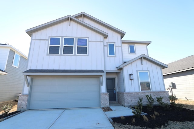 view of front facade with board and batten siding, concrete driveway, stone siding, and an attached garage