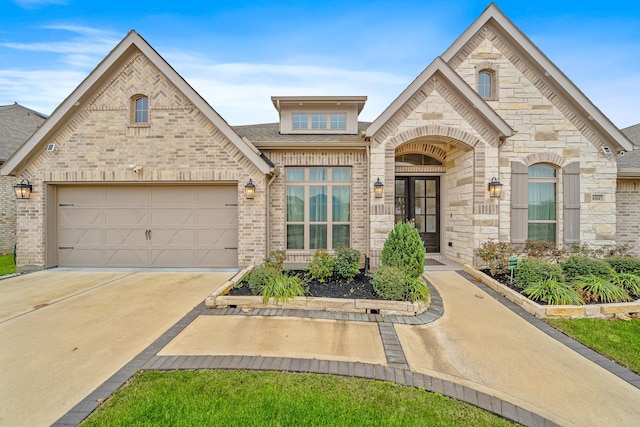 french provincial home featuring driveway, an attached garage, a shingled roof, and brick siding