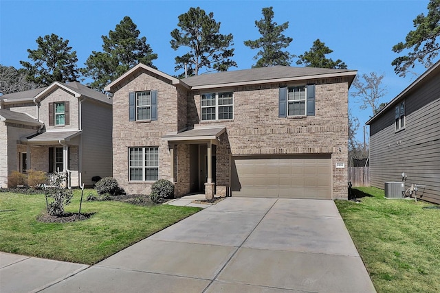 traditional-style home featuring an attached garage, central AC, brick siding, concrete driveway, and a front lawn