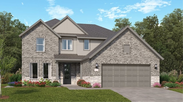 craftsman house with a garage, driveway, brick siding, and a shingled roof