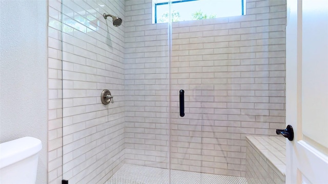 bathroom featuring toilet and a stall shower