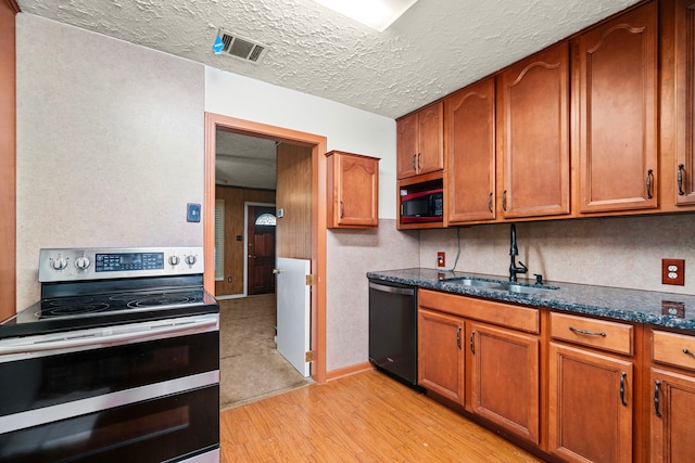 kitchen featuring a sink, electric stove, brown cabinets, dishwasher, and dark stone countertops