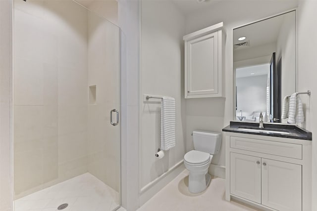 full bath with toilet, a stall shower, and vanity