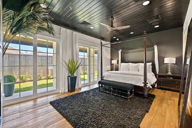 bedroom featuring light wood-type flooring, wood ceiling, and visible vents