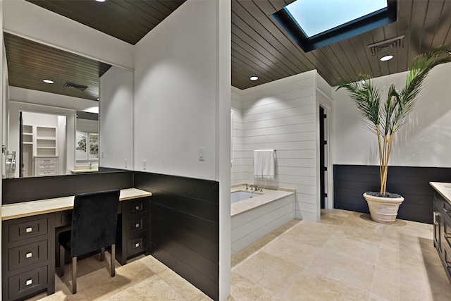 full bath with wooden ceiling, a skylight, a bath, and vanity