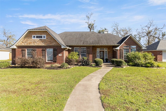 view of front of property featuring brick siding, a chimney, and a front yard