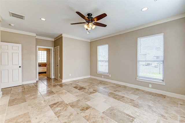 spare room featuring recessed lighting, visible vents, ornamental molding, a ceiling fan, and baseboards