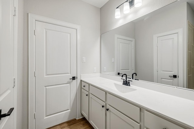 bathroom with wood finished floors and vanity