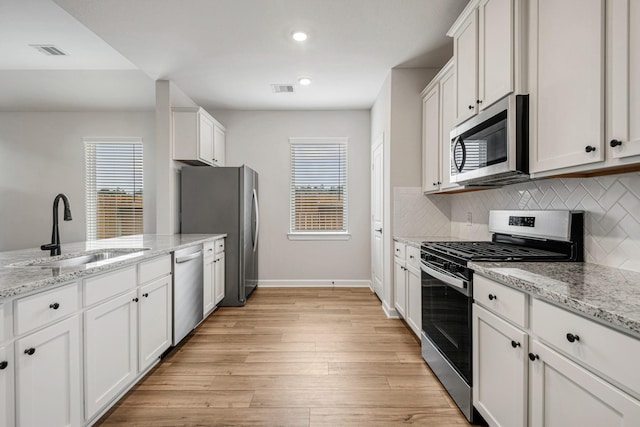 kitchen with stainless steel appliances, white cabinets, a sink, and decorative backsplash