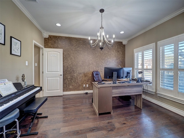 home office featuring a chandelier, recessed lighting, dark wood-style flooring, baseboards, and crown molding