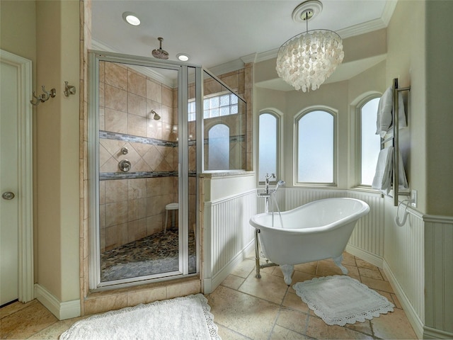 full bath with a stall shower, a freestanding tub, and a wainscoted wall