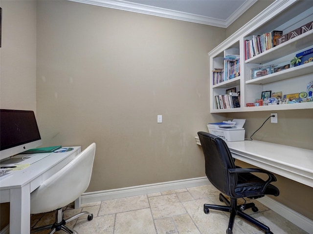 home office featuring ornamental molding, stone tile floors, and baseboards