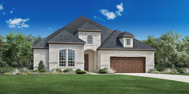 french country inspired facade with an attached garage, concrete driveway, stone siding, roof with shingles, and a front lawn