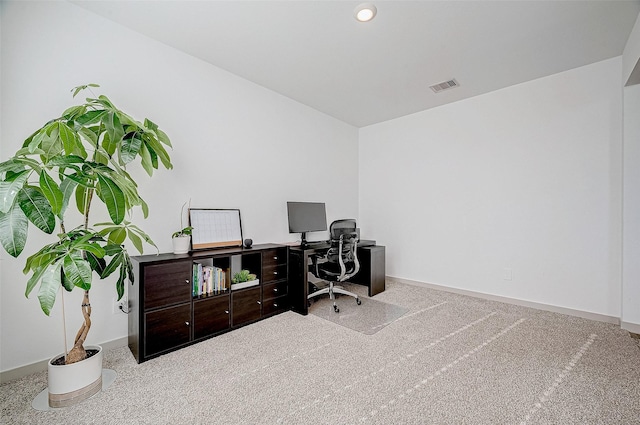 home office featuring light carpet, recessed lighting, visible vents, and baseboards