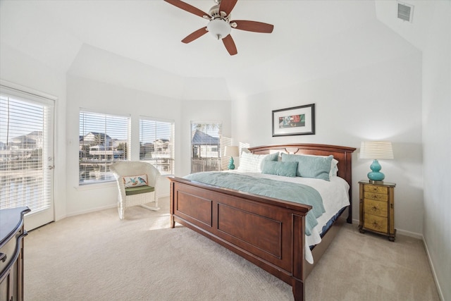 bedroom featuring access to outside, baseboards, visible vents, and light carpet