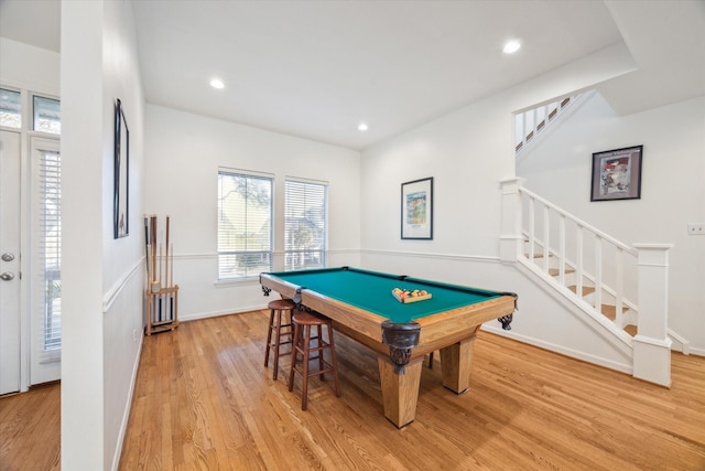 playroom featuring billiards, recessed lighting, baseboards, and light wood finished floors