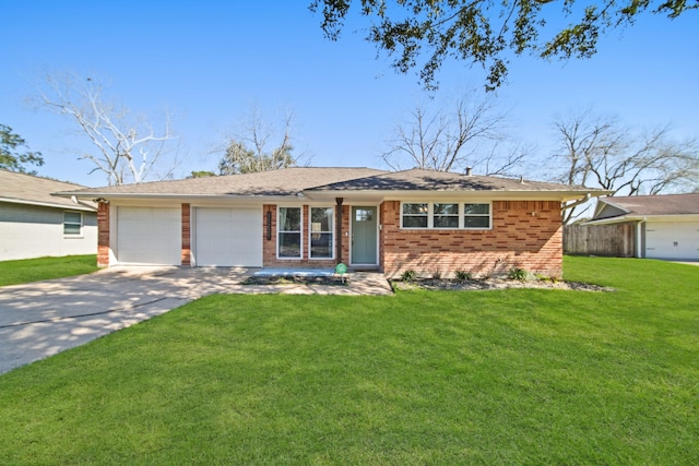 ranch-style home with brick siding, concrete driveway, an attached garage, a front yard, and fence