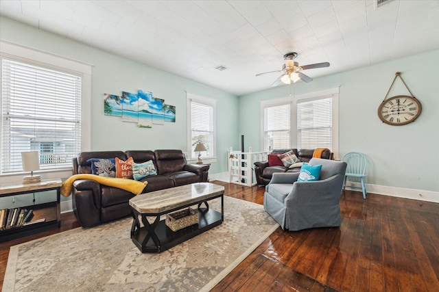 living room with baseboards, dark wood-type flooring, and a healthy amount of sunlight