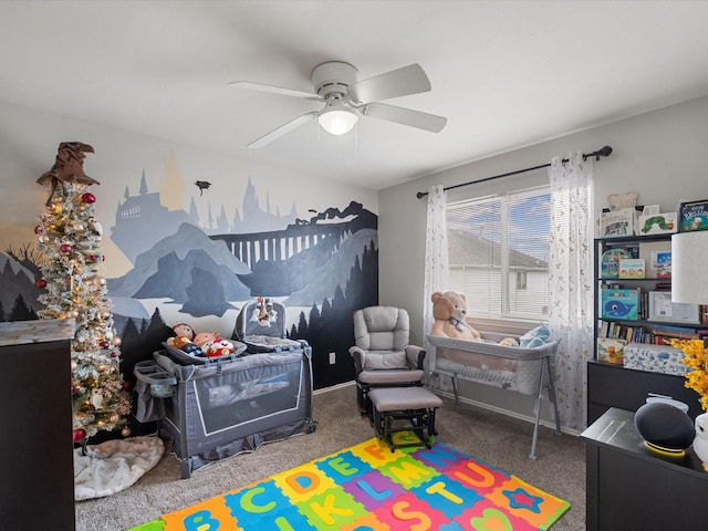 carpeted bedroom with ceiling fan