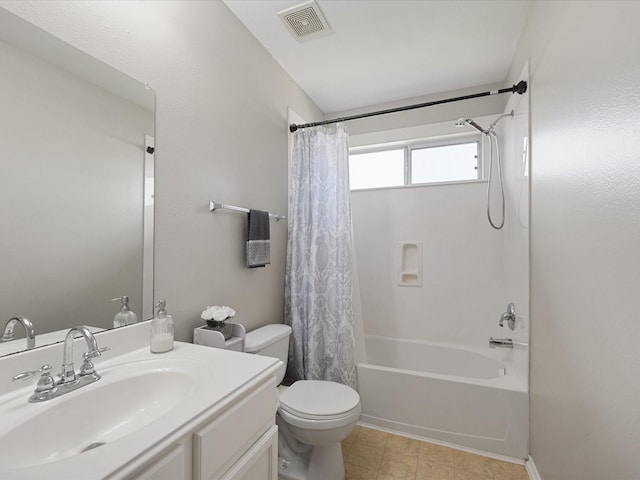 full bathroom with visible vents, toilet, vanity, and shower / bath combination with curtain