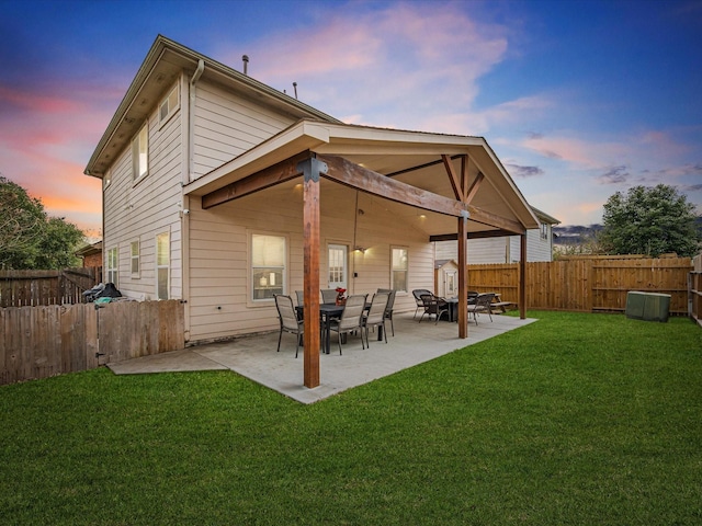 back of house with a patio area, a lawn, and a fenced backyard