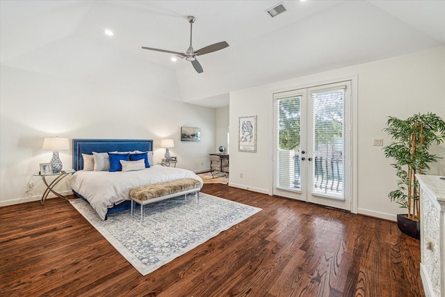 bedroom featuring dark wood-style floors, access to outside, visible vents, and vaulted ceiling