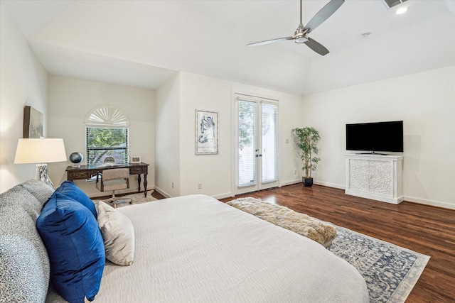 bedroom featuring lofted ceiling, a ceiling fan, baseboards, access to exterior, and dark wood finished floors