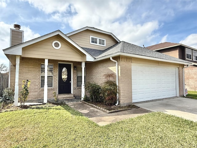 view of front of house with a garage, concrete driveway, brick siding, and a front lawn