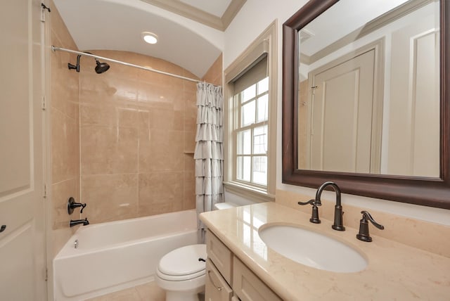 bathroom with shower / bathtub combination with curtain, toilet, and vanity