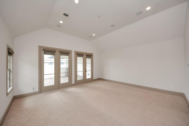 314 W Clay St, Houston, TX 77019 - unfurnished room with lofted ceiling, light colored carpet, baseboards, french doors, and recessed lighting