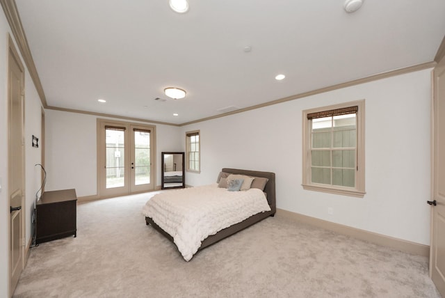 bedroom with baseboards, light colored carpet, access to outside, french doors, and recessed lighting