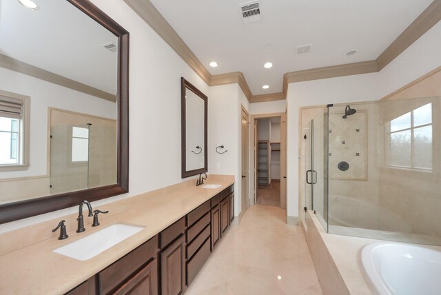 314 W Clay St, Houston, TX 77019 - full bath with a stall shower, double vanity, a bath, ornamental molding, and a spacious closet