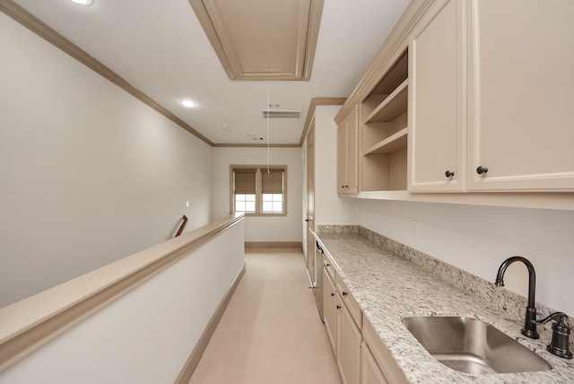 kitchen with crown molding, open shelves, recessed lighting, visible vents, and a sink